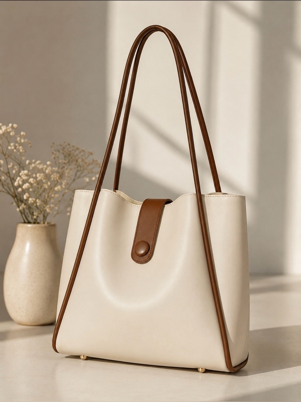 Cream and Brown Two-Tone Leather Tote Bag